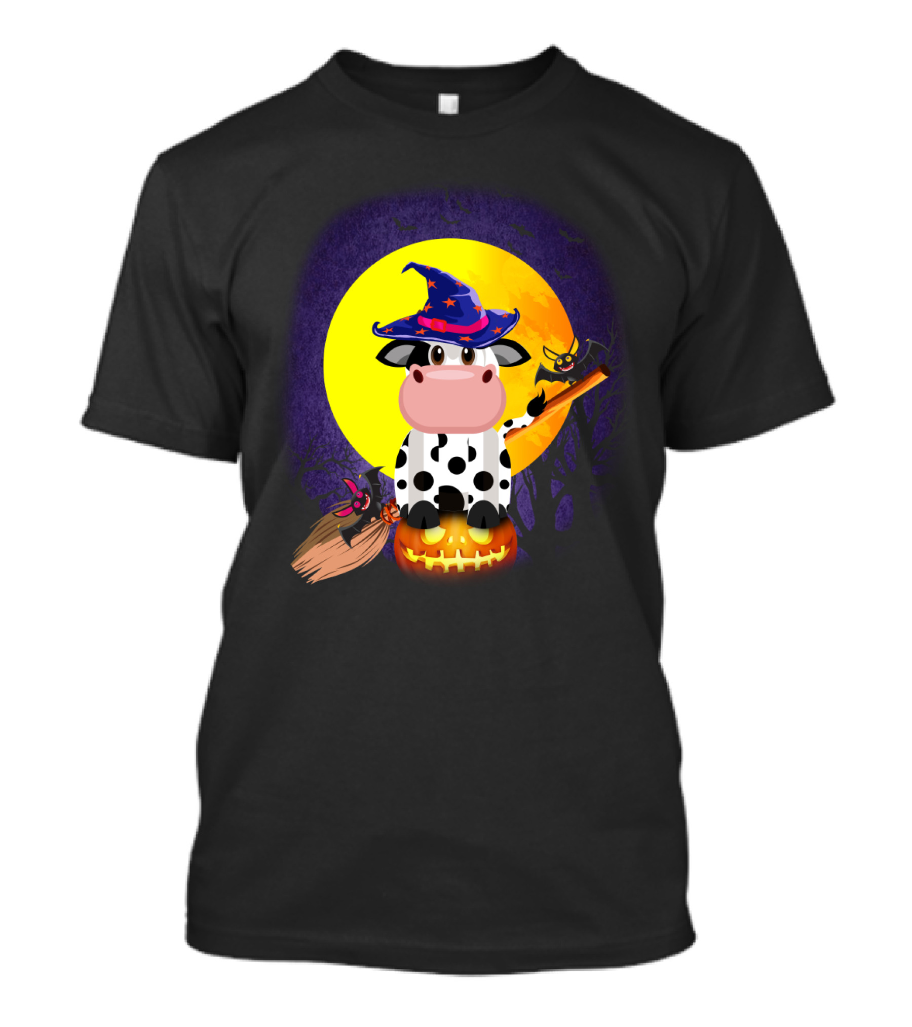 Cow Witch Spooky Halloween Full Moon Scene With Pumpkin And Broomstick T-Shirt