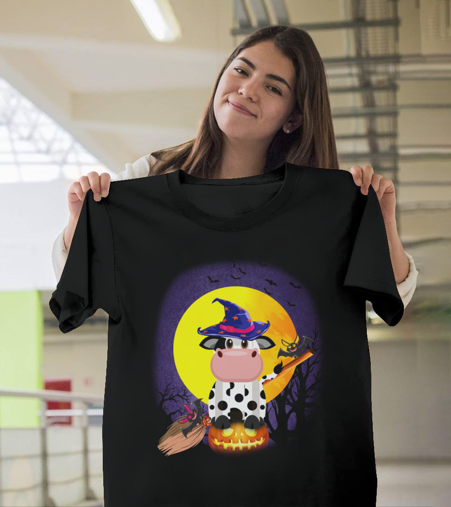 Cow Witch Spooky Halloween Full Moon Scene with Pumpkin and Broomstick T-Shirt