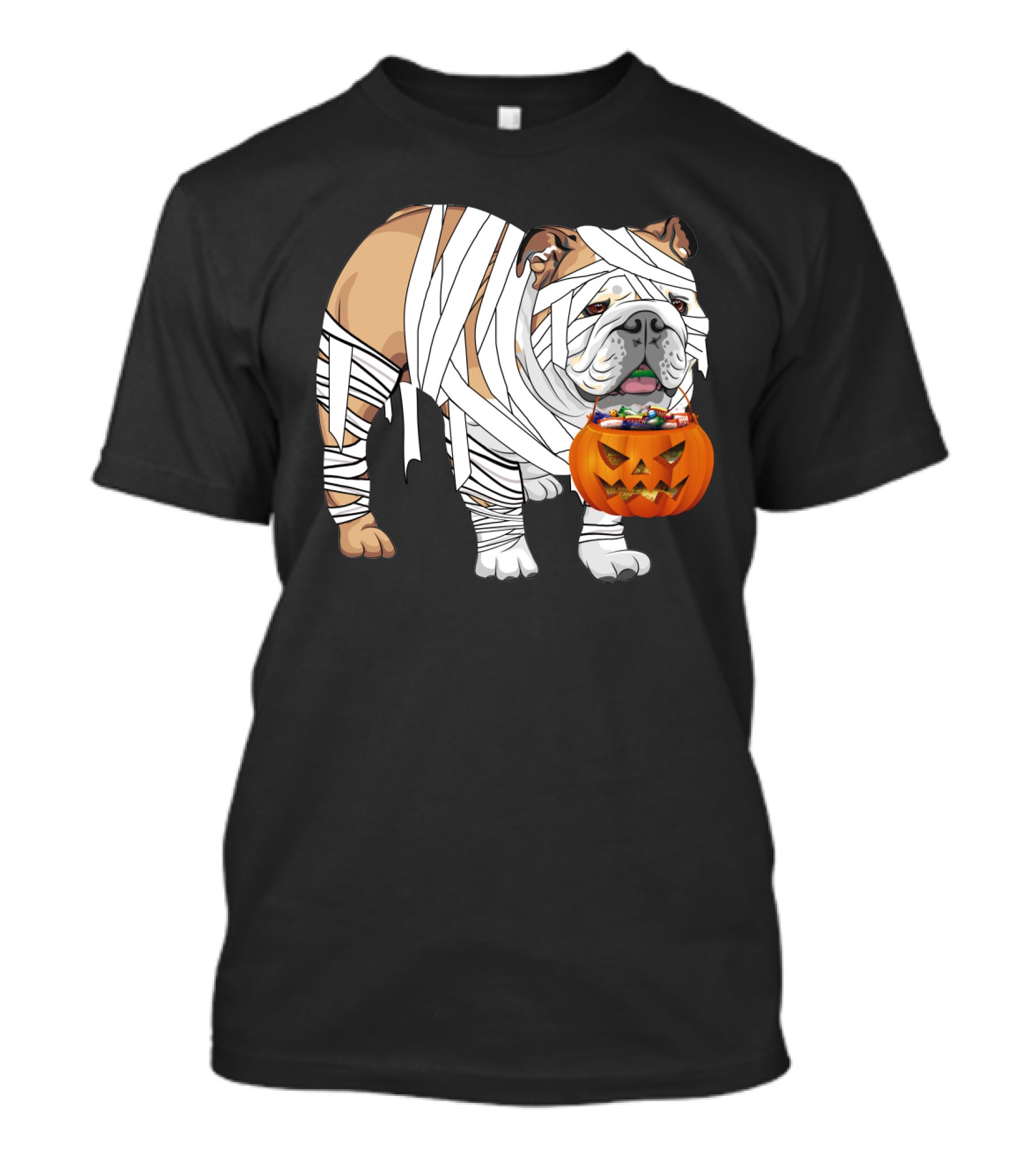 Halloween Bulldog Wrapped As Mummy Holding Pumpkin Candy Bucket T-Shirt