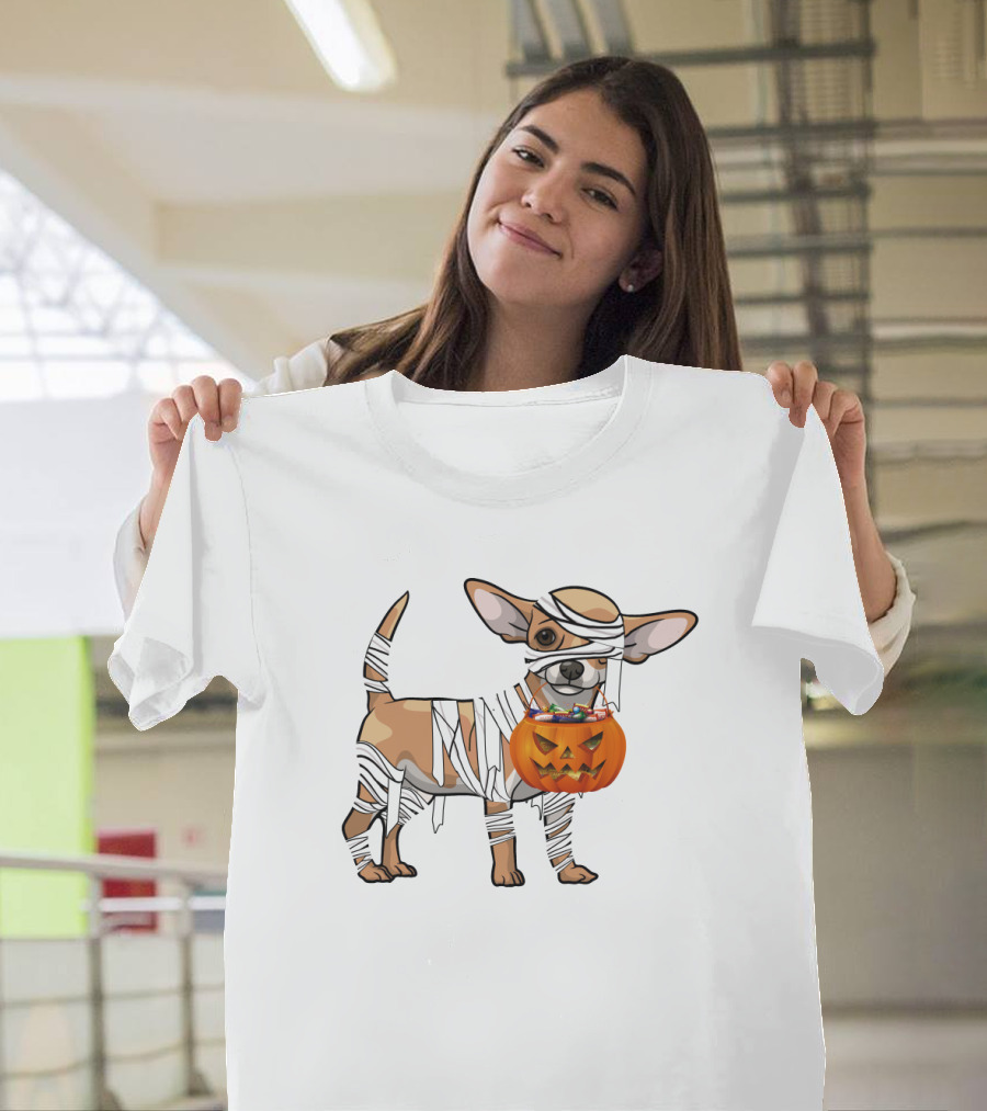 Halloween Wrapped Chihuahua with Pumpkin Bucket T-Shirt