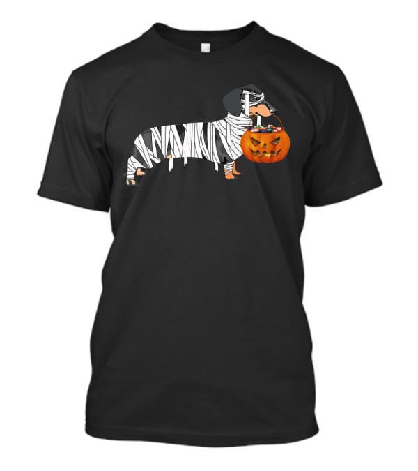 Halloween Pumpkin Mummy Dachshund With Trick-or-Treat Jack-o'-Lantern T-Shirt