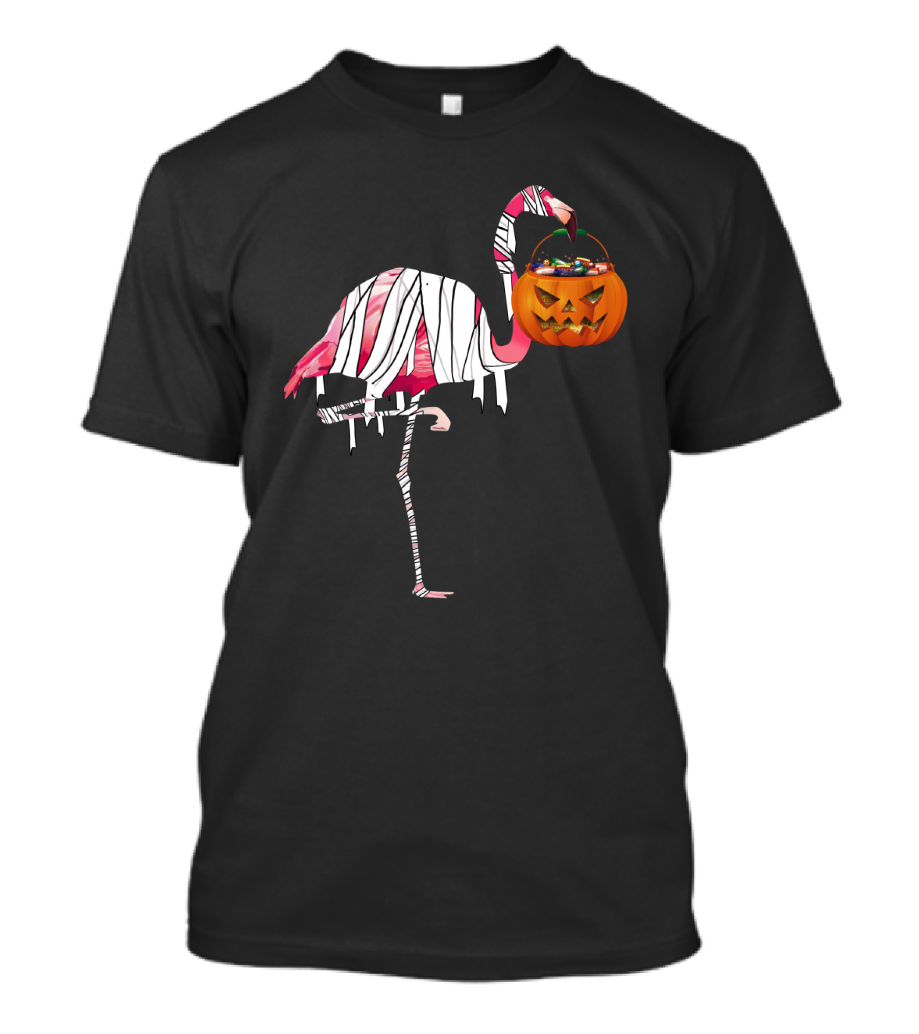 Halloween Pumpkin Mummy Flamingo Holding Candy Jack-o'-Lantern T-Shirt