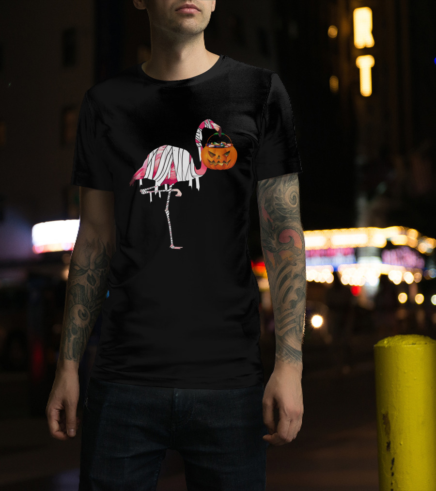 Halloween Pumpkin Mummy Flamingo Holding Candy Jack-o'-Lantern T-Shirt