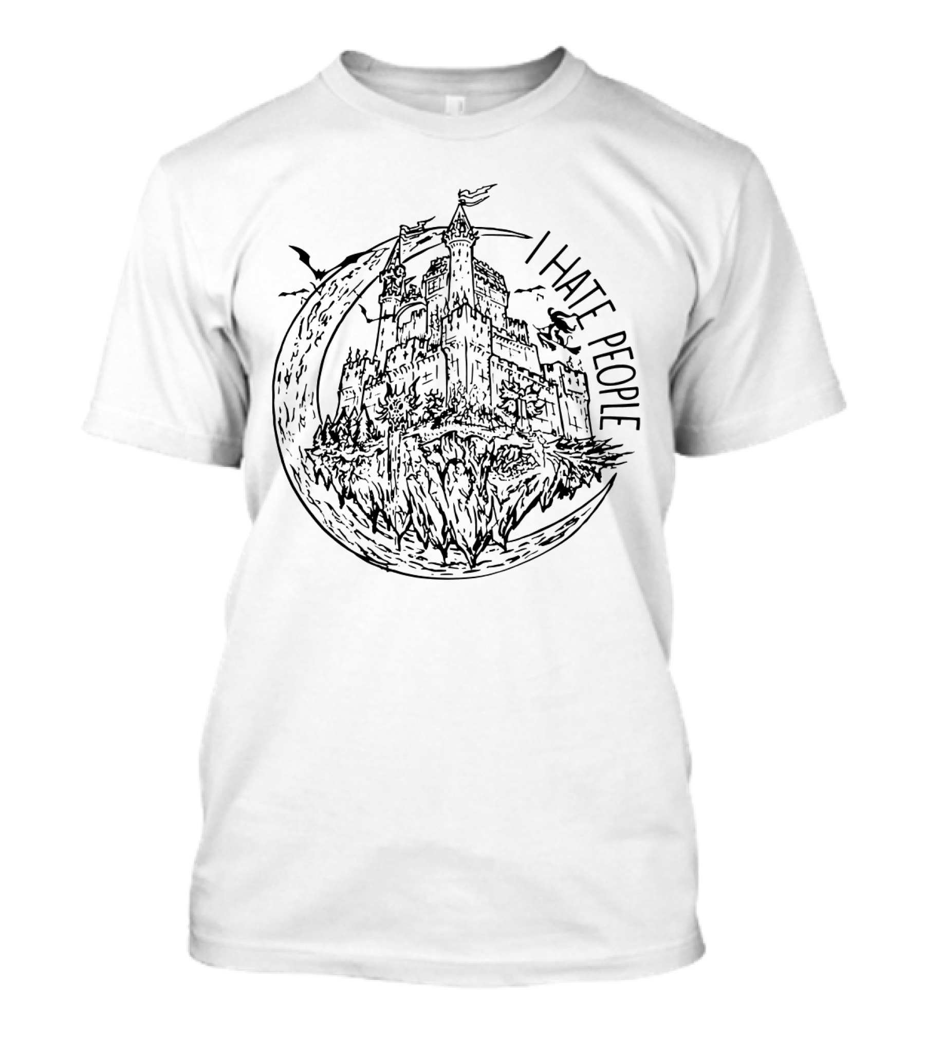 I Hate People Haunted Halloween Castle With Crescent Moon And Flying Bats T-Shirt