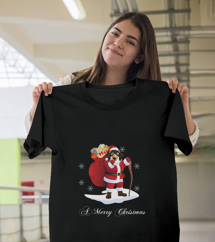 Santa Dachshund With Gifts And Snowflakes For A Merry Christmas T-Shirt