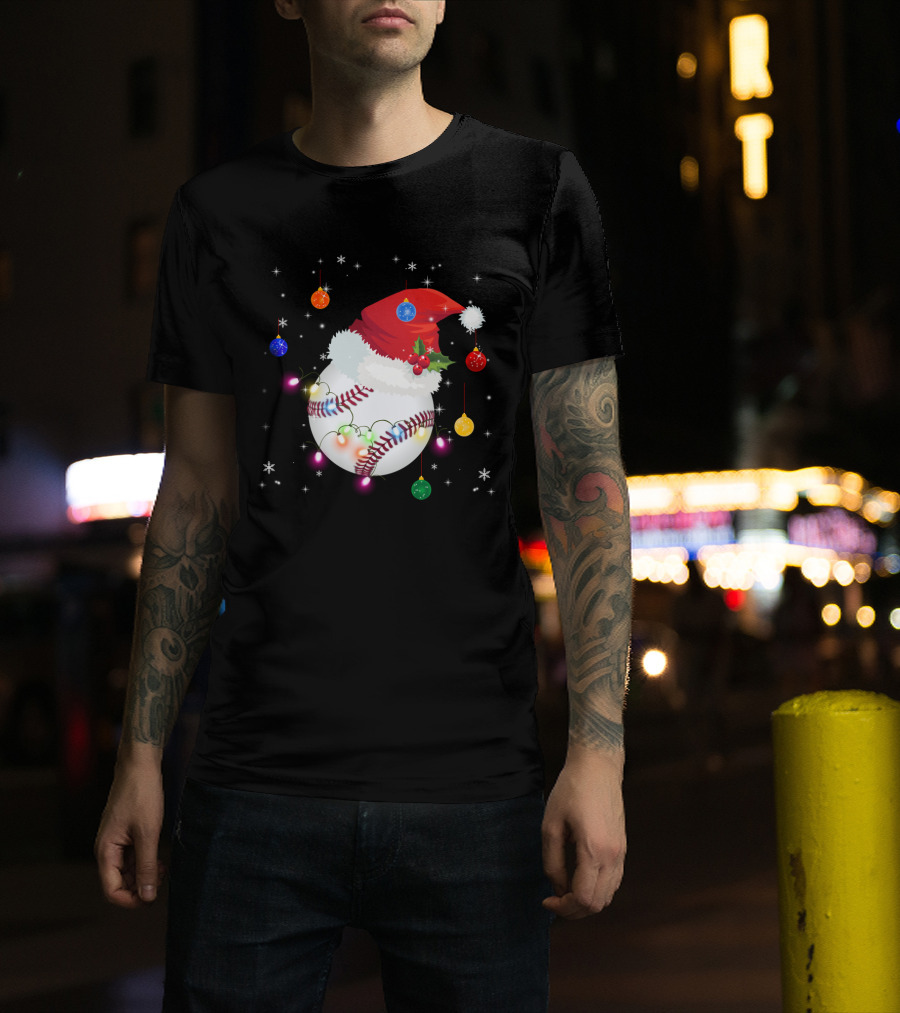 Santa Hat Baseball Christmas Ornaments Holiday Lights Snowflakes T-Shirt