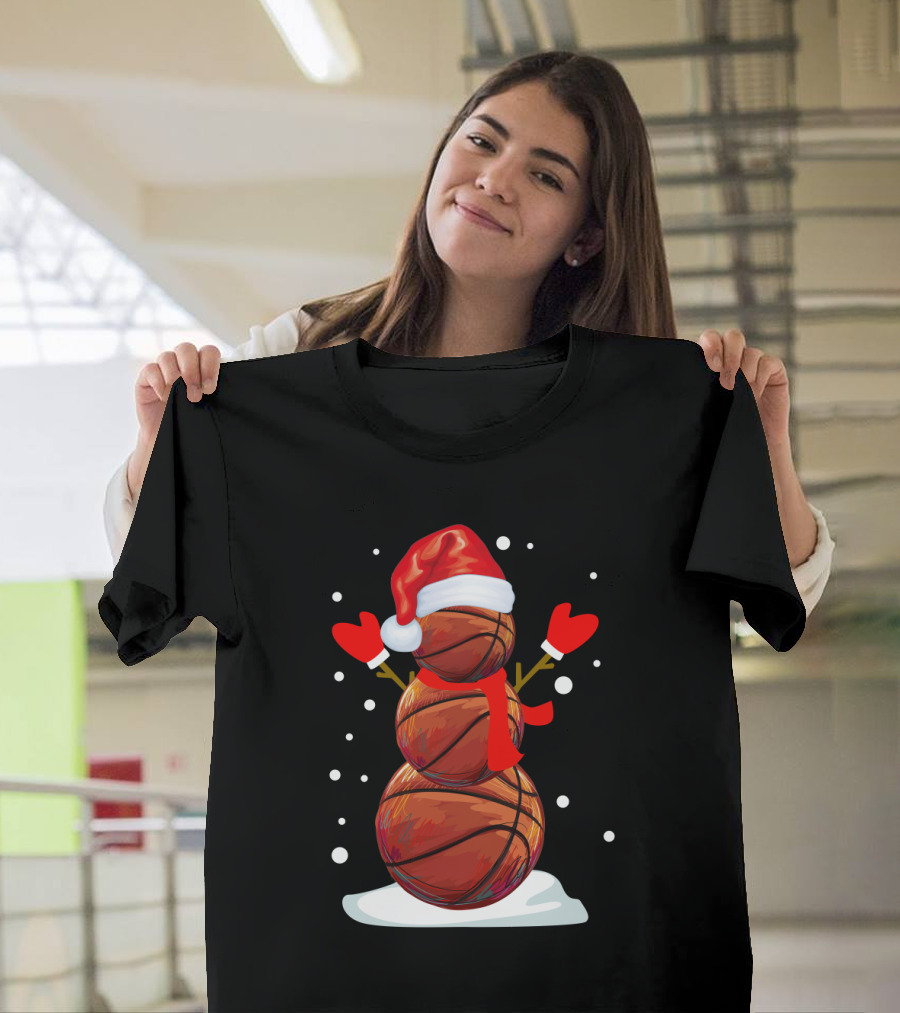 Basketball Snowman With Santa Hat And Red Mittens T-Shirt
