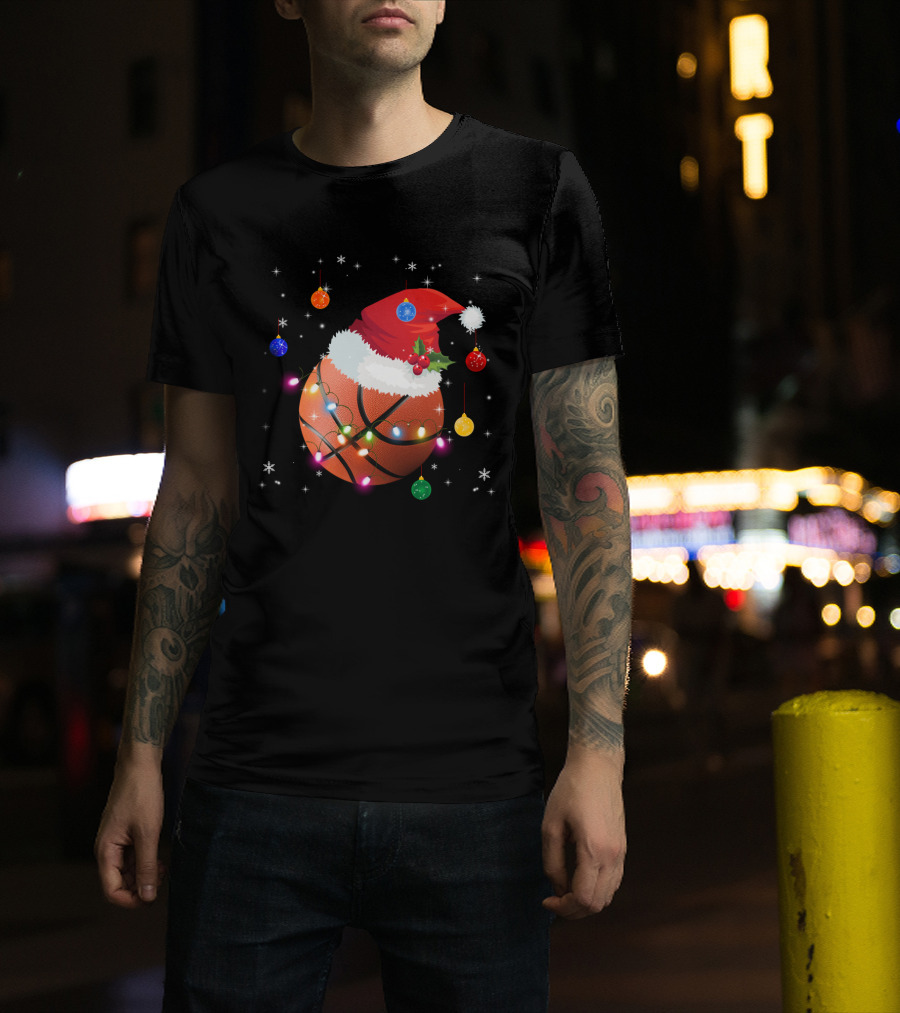 Santa Hat Basketball With Christmas Lights And Ornaments T-Shirt