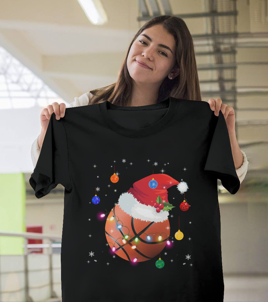 Santa Hat Basketball With Christmas Lights And Ornaments T-Shirt