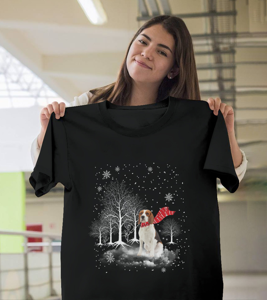 Basset Hound Winter Wonderland Snowy Trees Red Scarf T-Shirt
