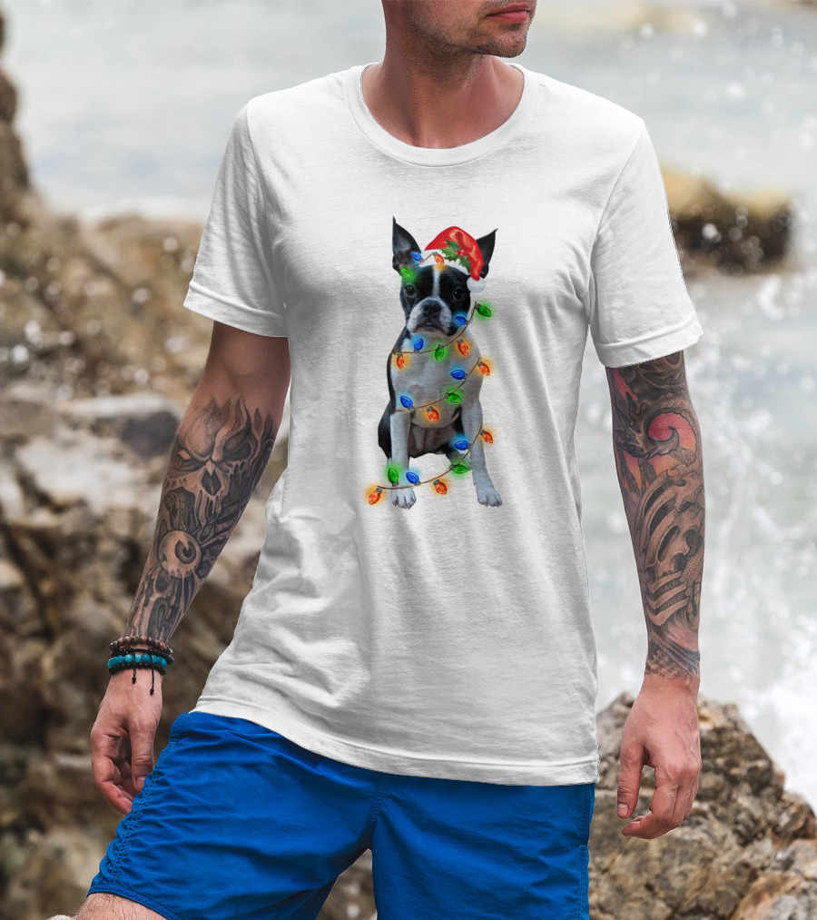 Boston Terrier With Christmas Lights And Santa Hat T-Shirt