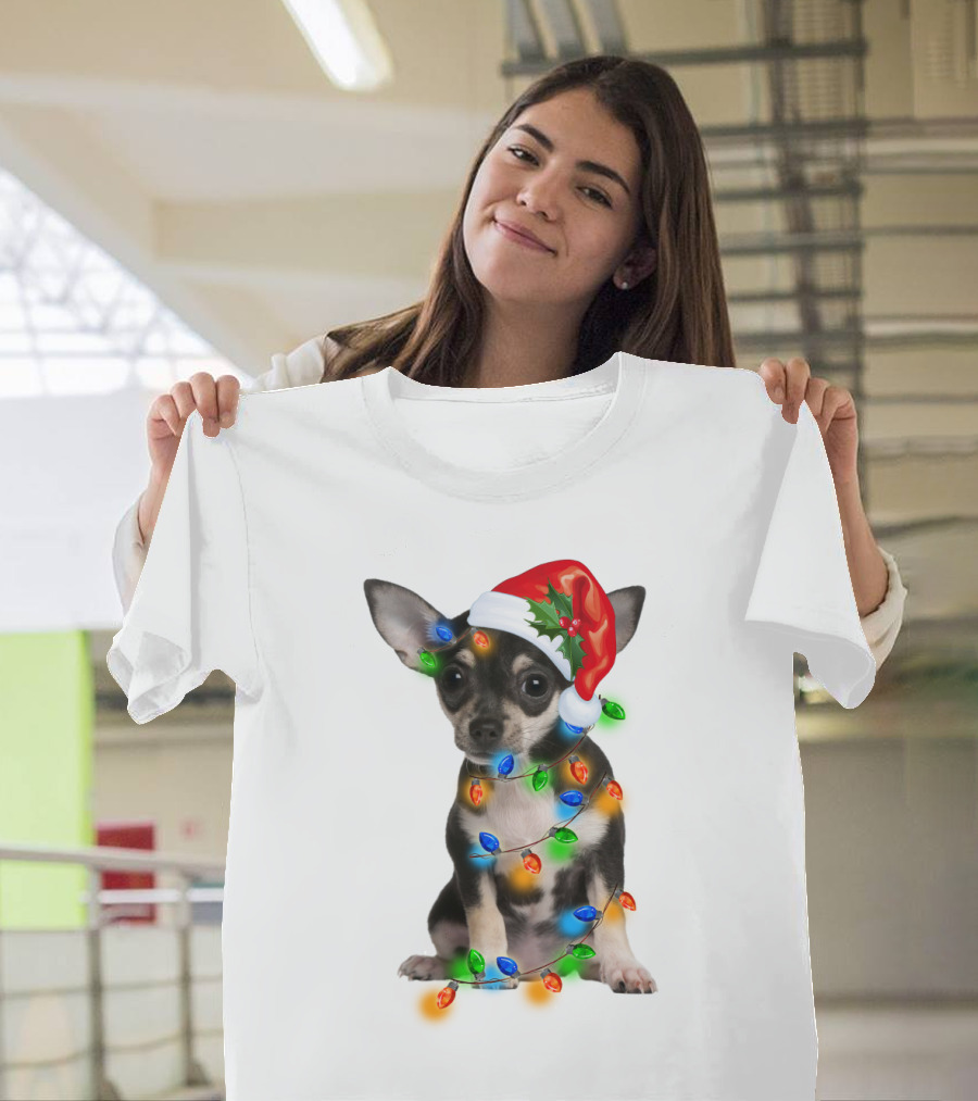 Black Chihuahua Wearing Santa Hat Wrapped In Colorful Christmas Lights T-Shirt