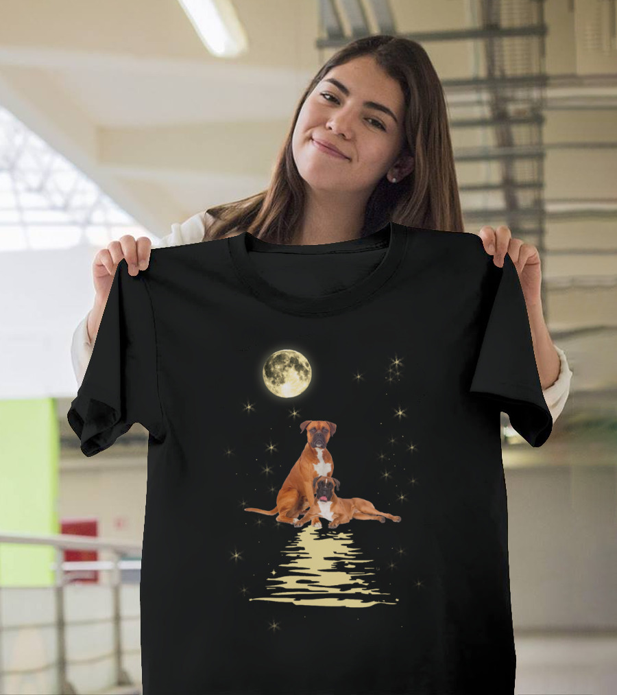 Boxer Dog Under Starry Sky Moonlit Reflection T-Shirt
