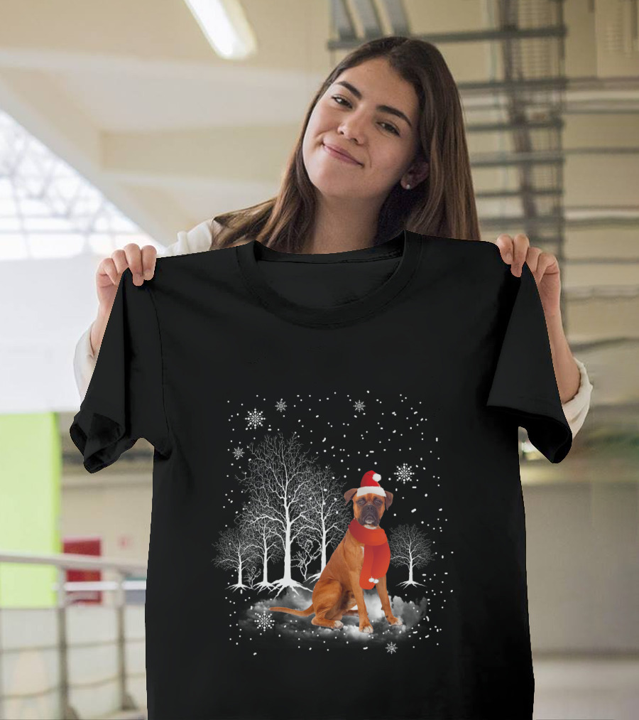 Boxer Dog With Santa Hat And Scarf In Snowy Winter Wonderland Scene T-Shirt