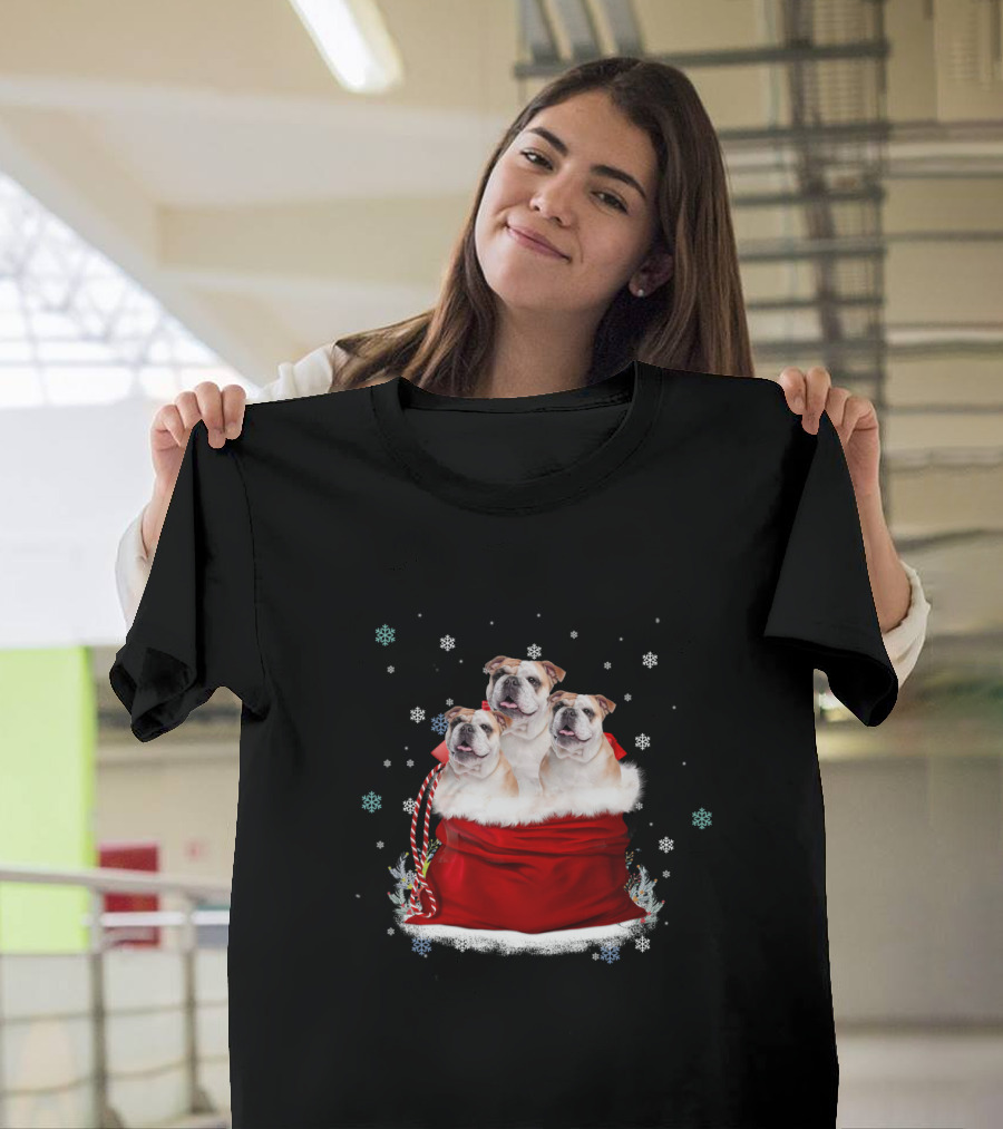 Bulldog Trio Christmas Sack Snowflakes Holiday T-Shirt