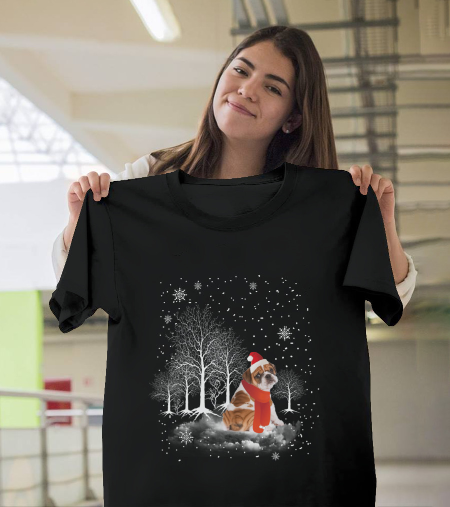Bulldog In Snowy Forest With Santa Hat And Scarf Amidst Falling Snowflakes T-Shirt