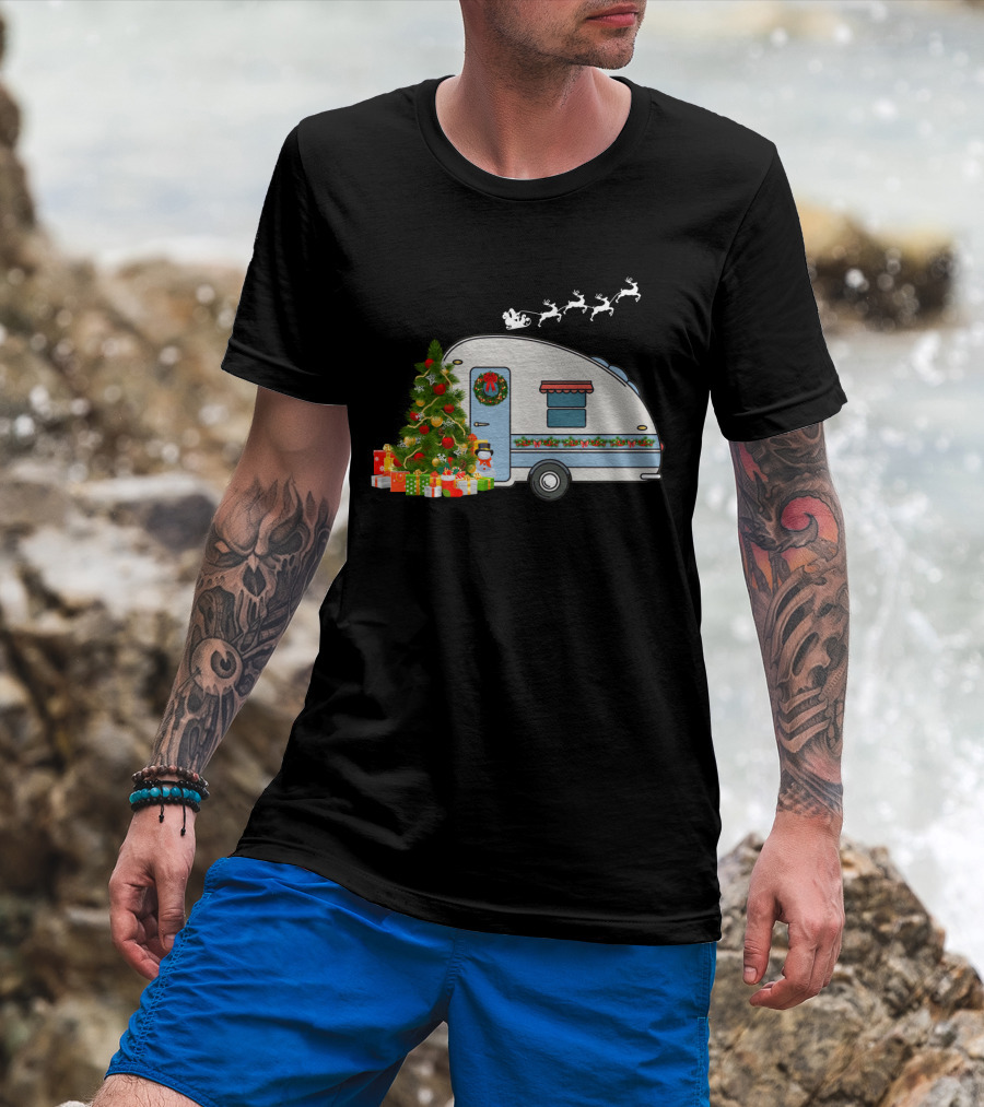 Camper Van With Christmas Tree, Snowman, Presents, And Santa Sleigh T-Shirt