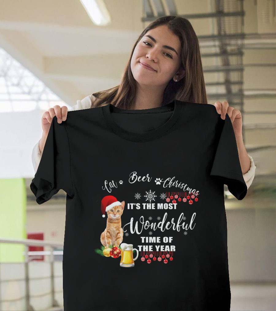 Cat Beer Christmas It's The Most Wonderful Time Of The Year Snowflakes Santa Hat T-Shirt