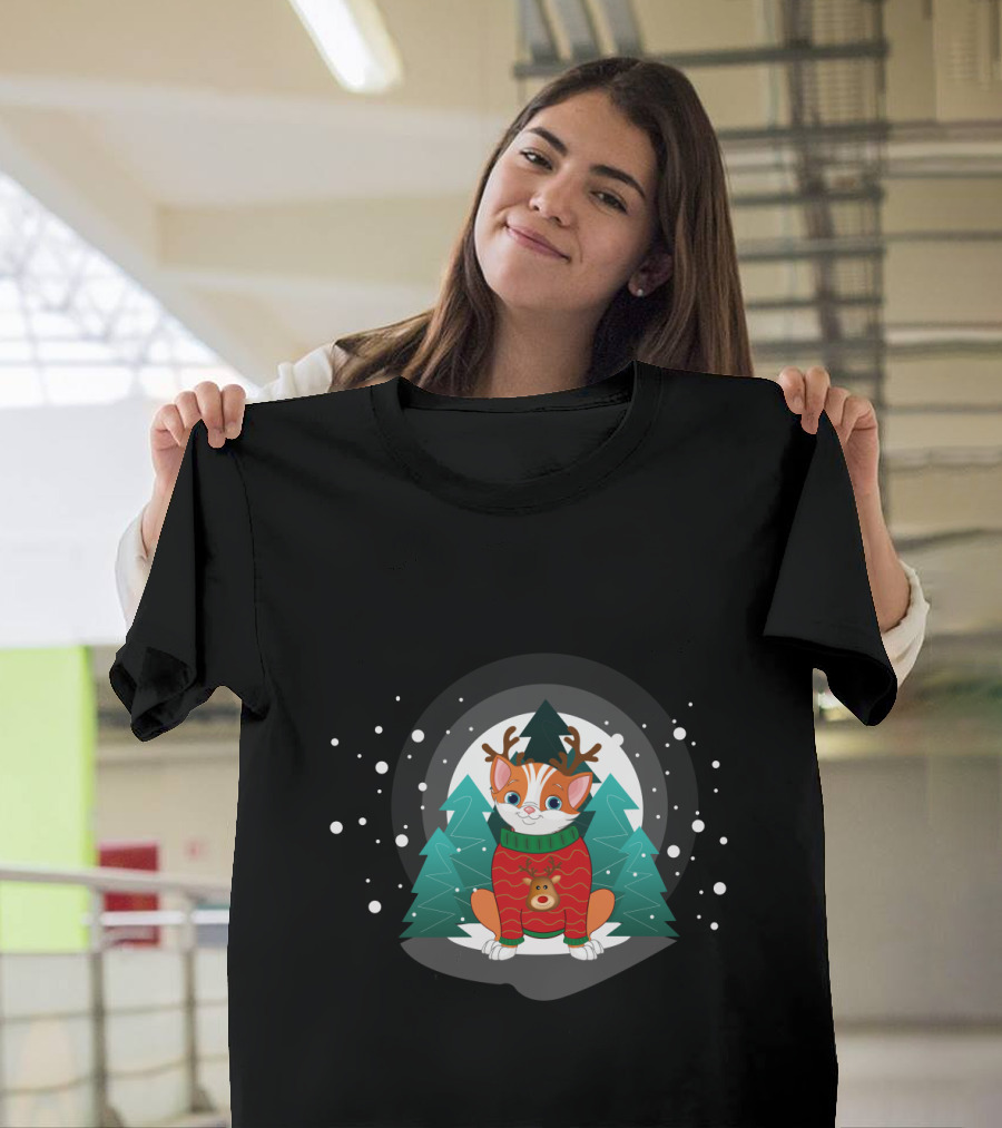 Cat Terrier Christmas Sweater With Snowy Trees And Reindeer Antlers T-Shirt