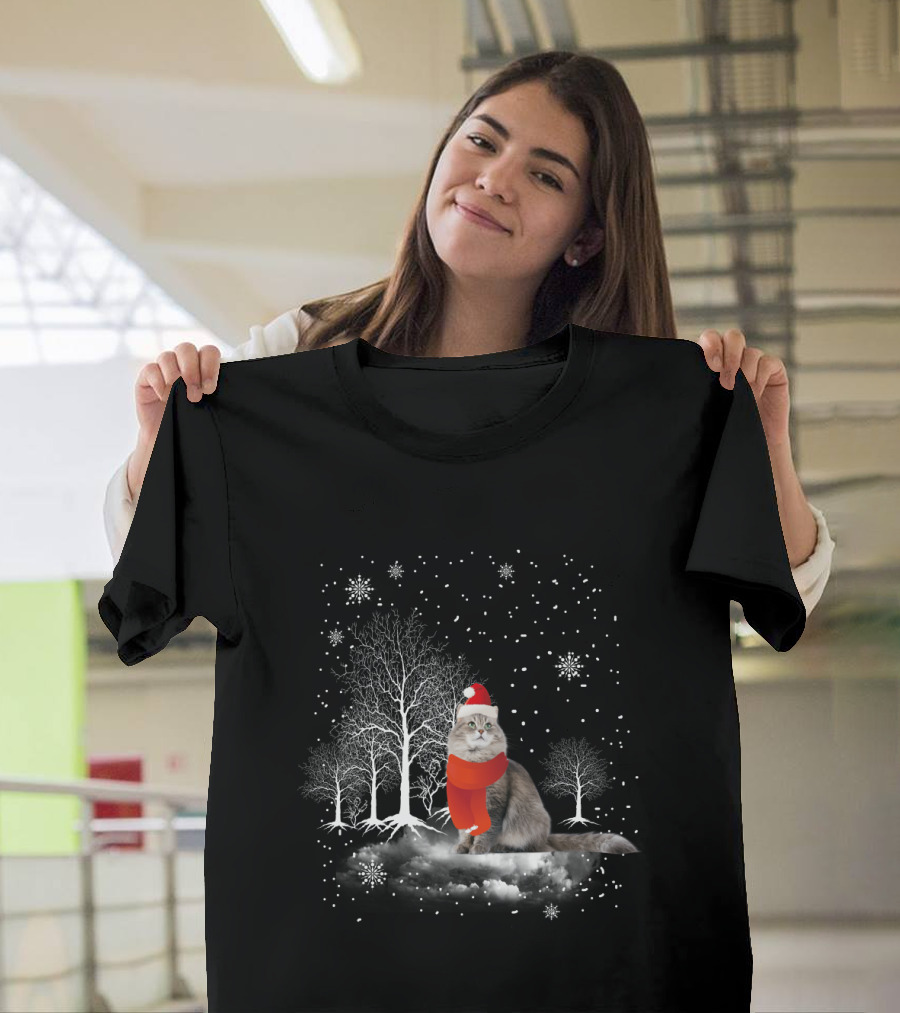Cat In Snowy Winter Scene With Red Santa Hat And Scarf T-Shirt
