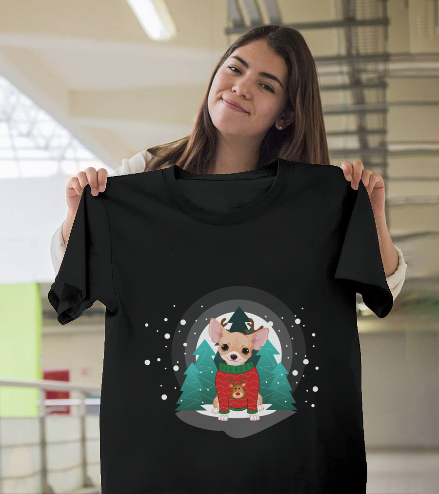 Chihuahua Terrier Wearing Christmas Sweater Snowflake Forest Scene T-Shirt