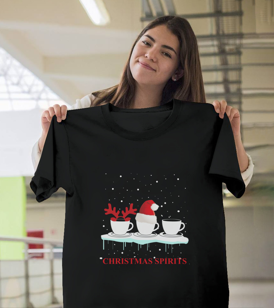 Christmas Spirits Coffee Cups Reindeer Antlers Santa Hat Snowflakes T-Shirt