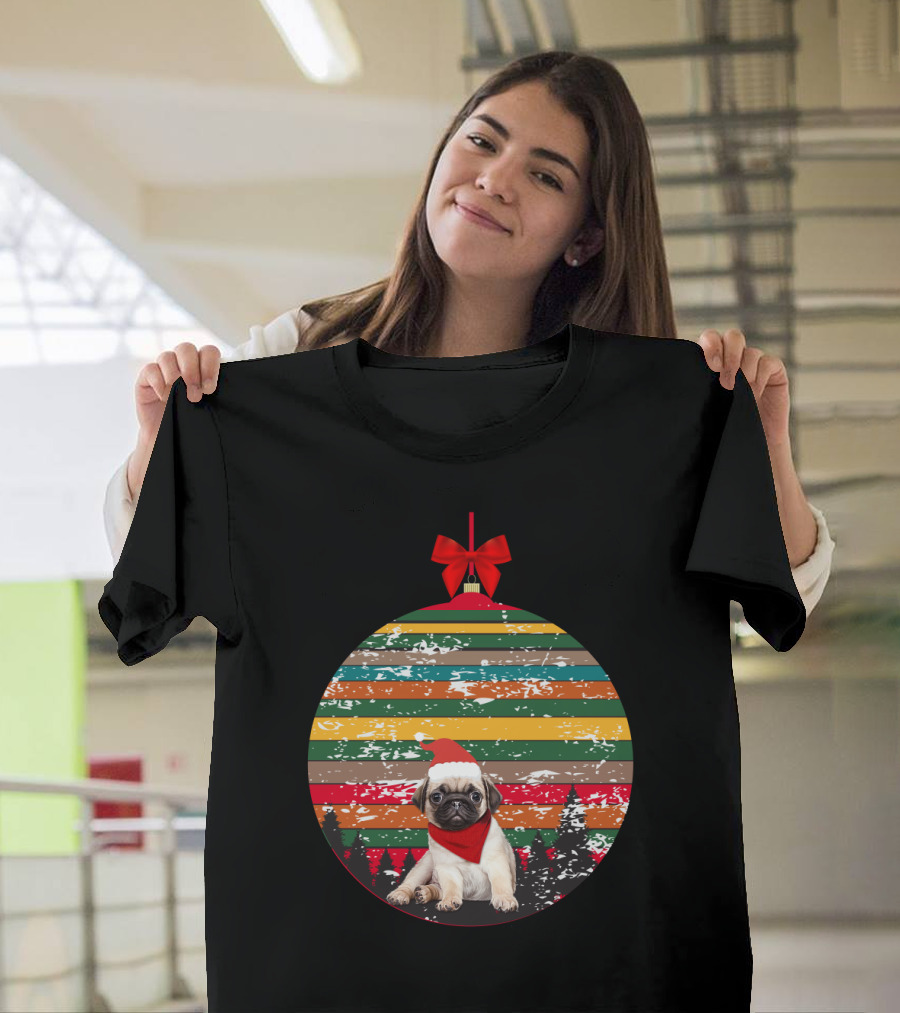 Festive Christmas Ornament With Vintage Pug And Striped Santa Hat And Scarf T-Shirt