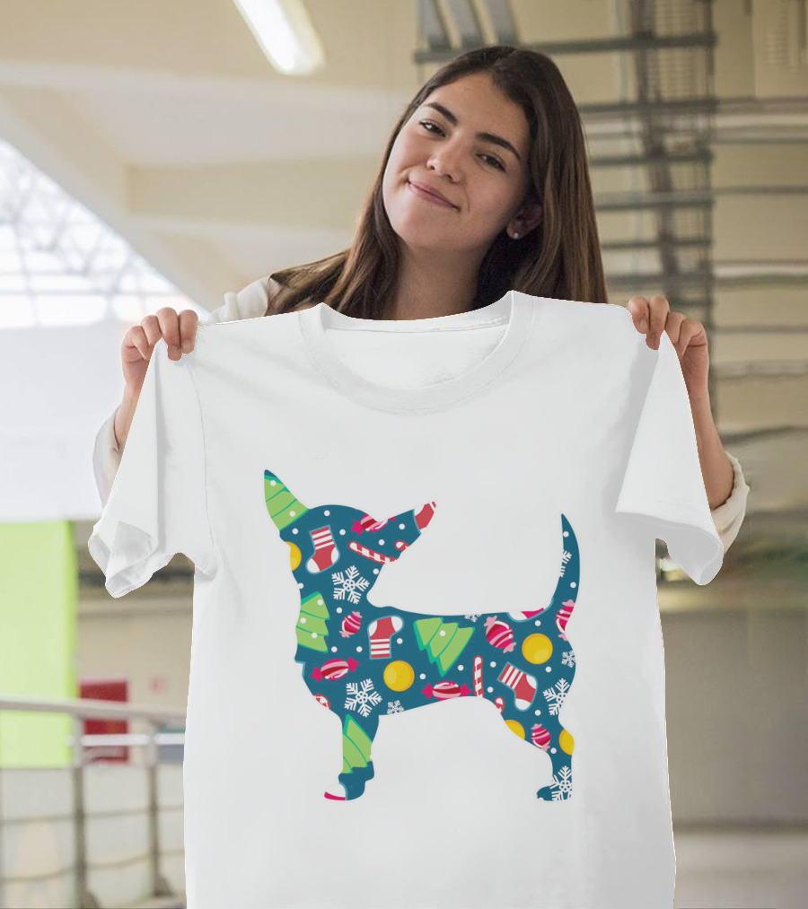 Chihuahua Christmas Candy Cane Snowflakes Holiday T-Shirt