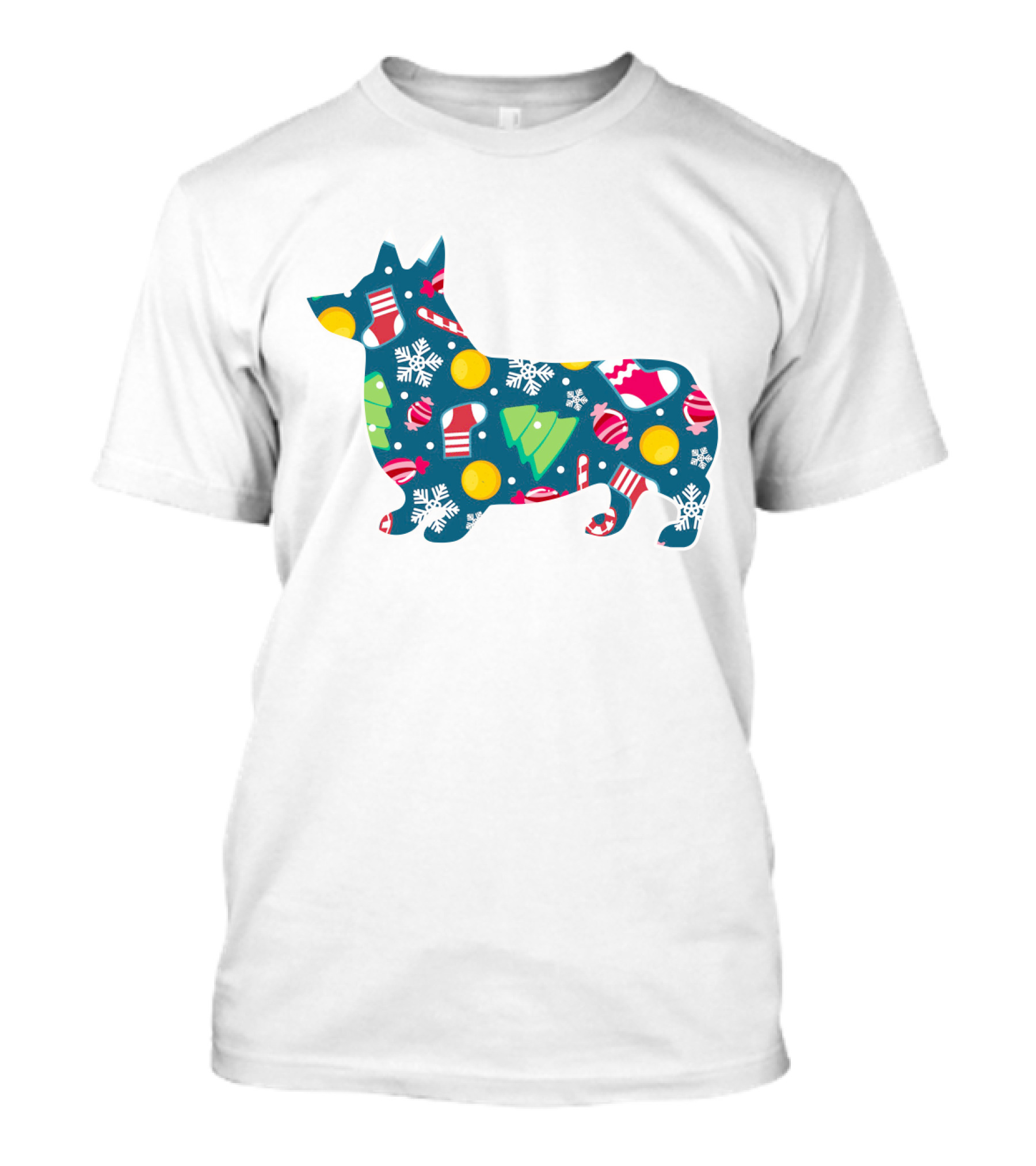 Corgi Silhouette With Candy Canes Ornaments Snowflakes And Christmas Trees For Dog Lovers T-Shirt