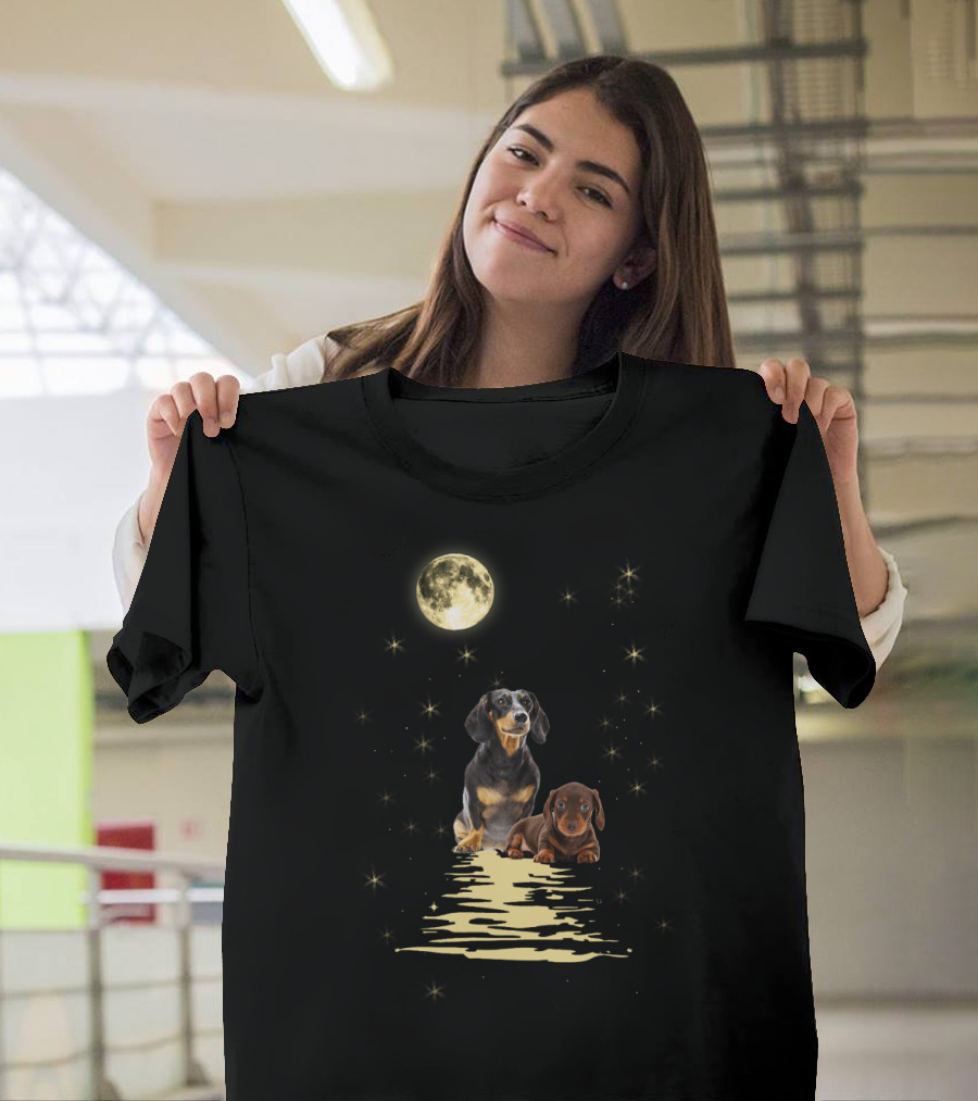 Dachshund Moonlight Reflections With Starry Night Sky T-Shirt