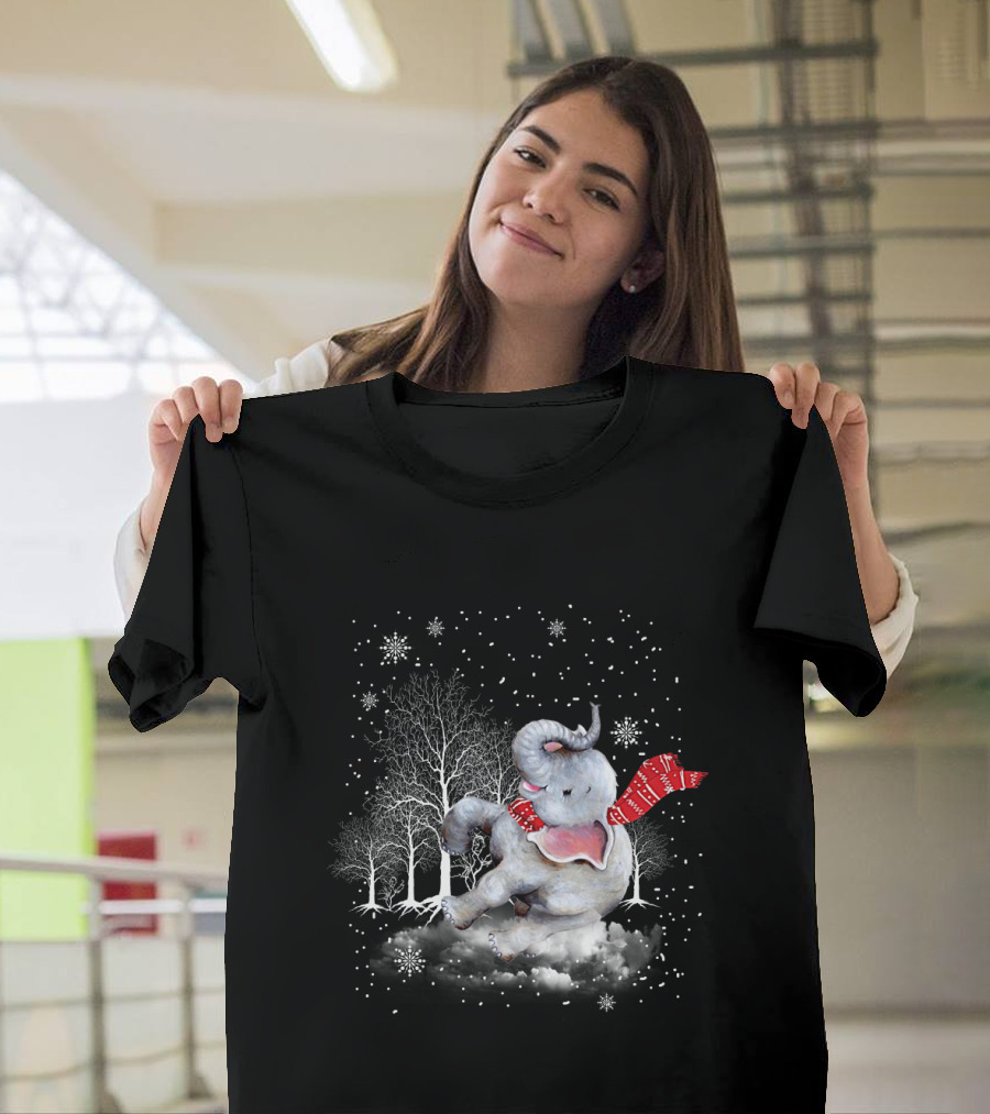 Elephant Christmas Snowflake Scarf Winter Forest Scene T-Shirt