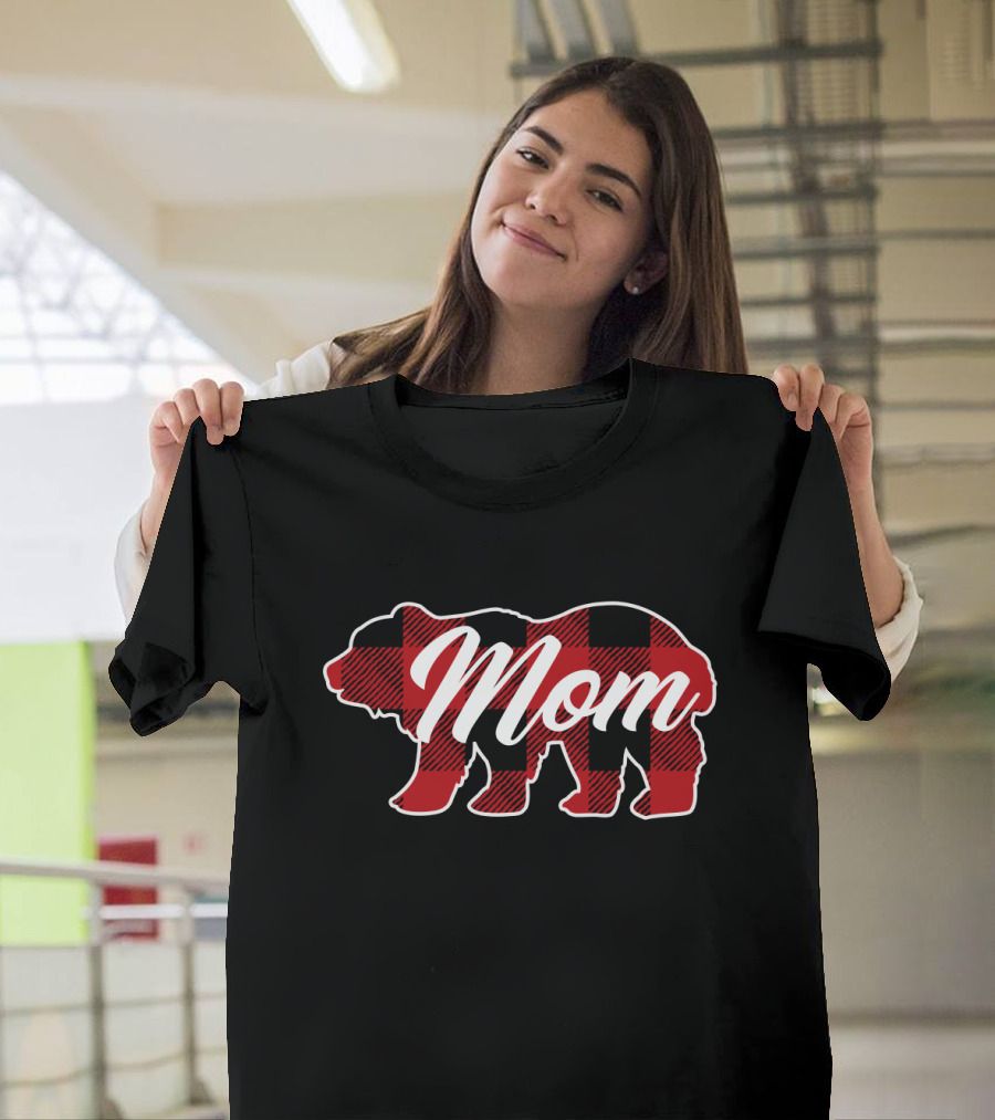 Family Christmas Matching Buffalo Plaid Bear Mom T-Shirt