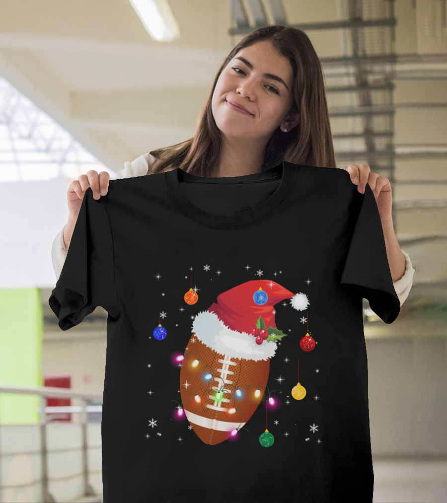Christmas Football Santa Hat Ornaments Lights T-Shirt