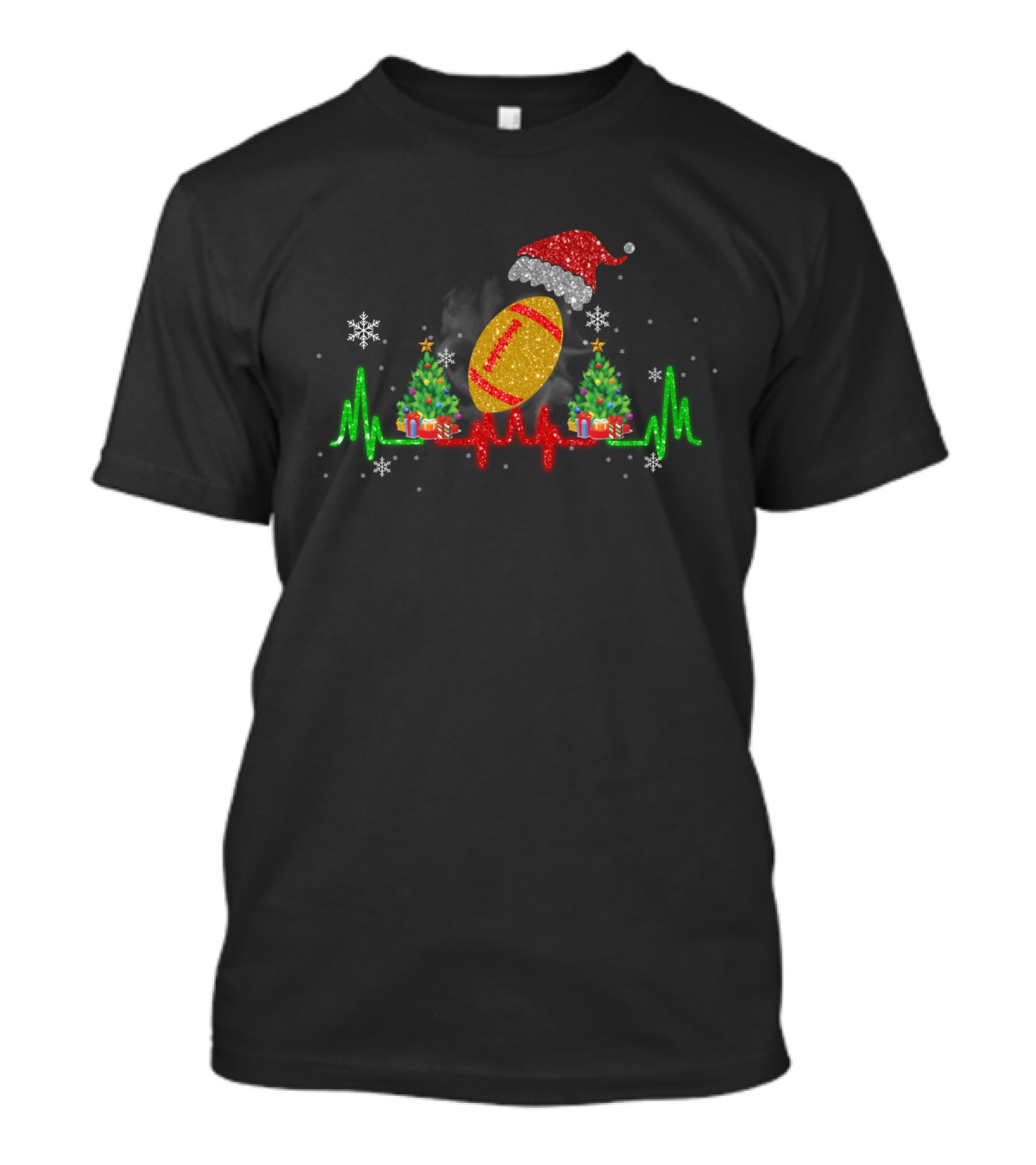 Christmas Football Heartbeat With Santa Hat And Trees T-Shirt