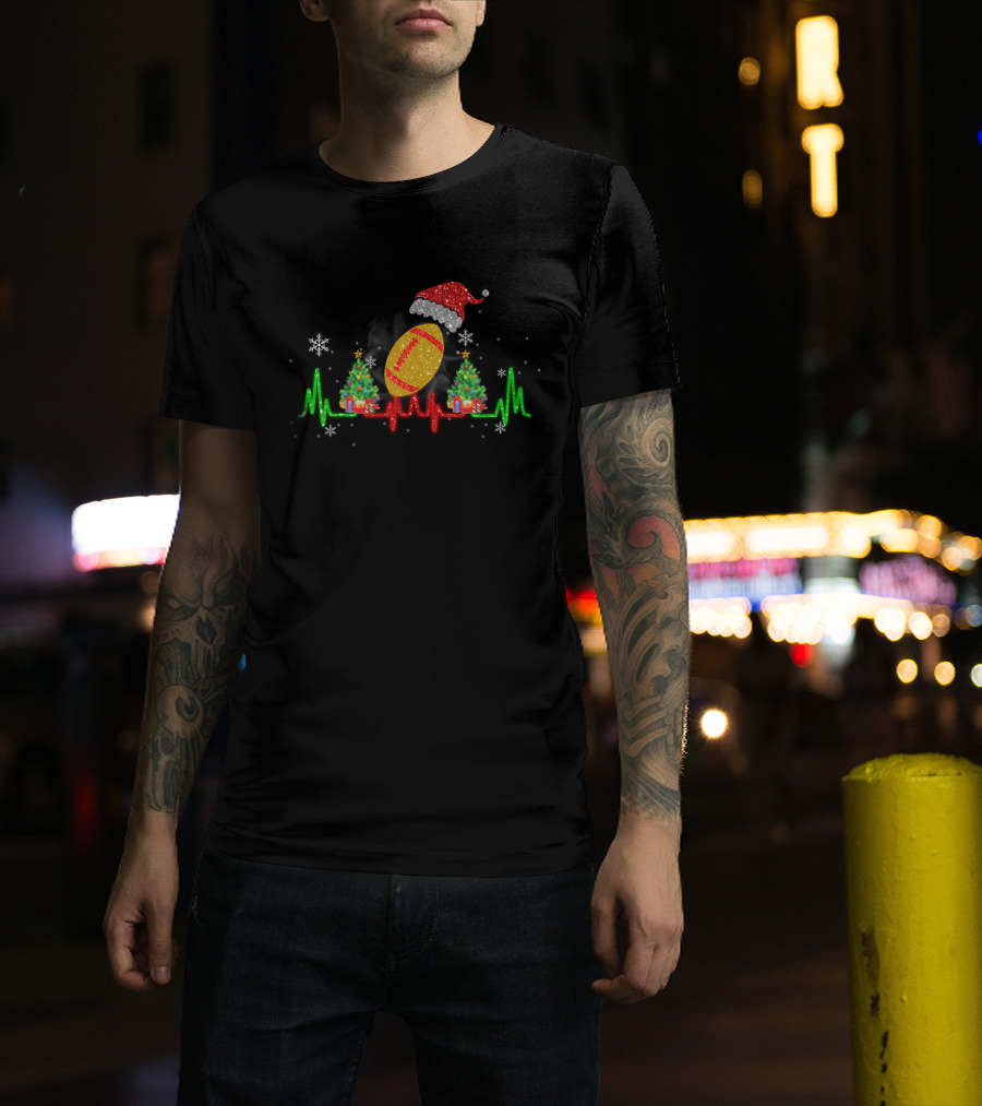 Christmas Football Heartbeat With Santa Hat And Trees T-Shirt