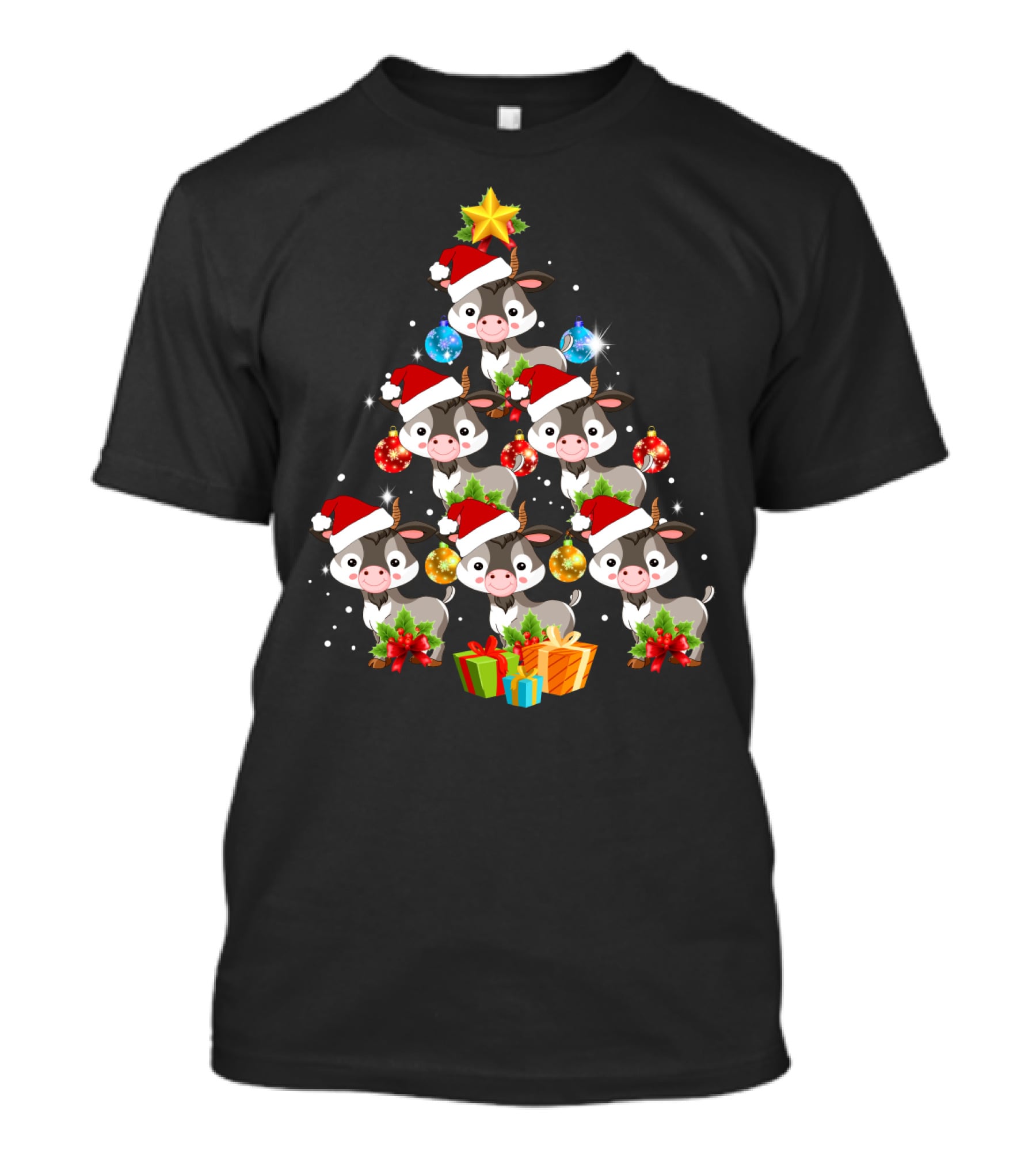 Goat Christmas Tree With Santa Hats And Presents T-Shirt