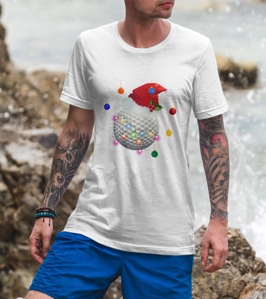 Christmas Golf Ball Santa Hat Holiday Lights T-Shirt