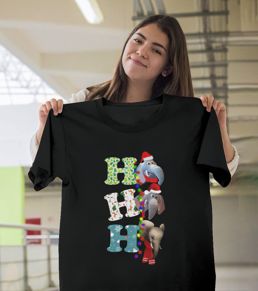 Ho Ho Ho Christmas Elephants Santa Hats and Holiday Lights T-Shirt