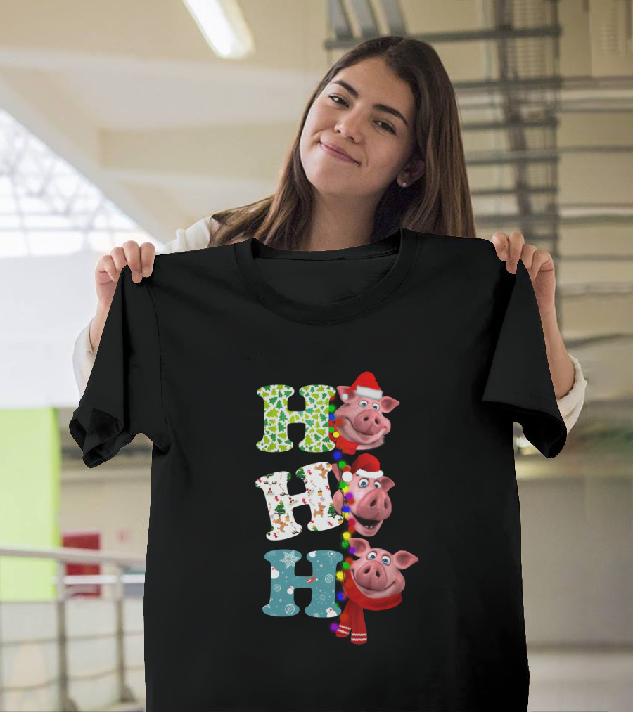 Hohoho Pig Christmas Lights Santa Hat Scarf Playful Holiday Hollysnowflakes T-Shirt