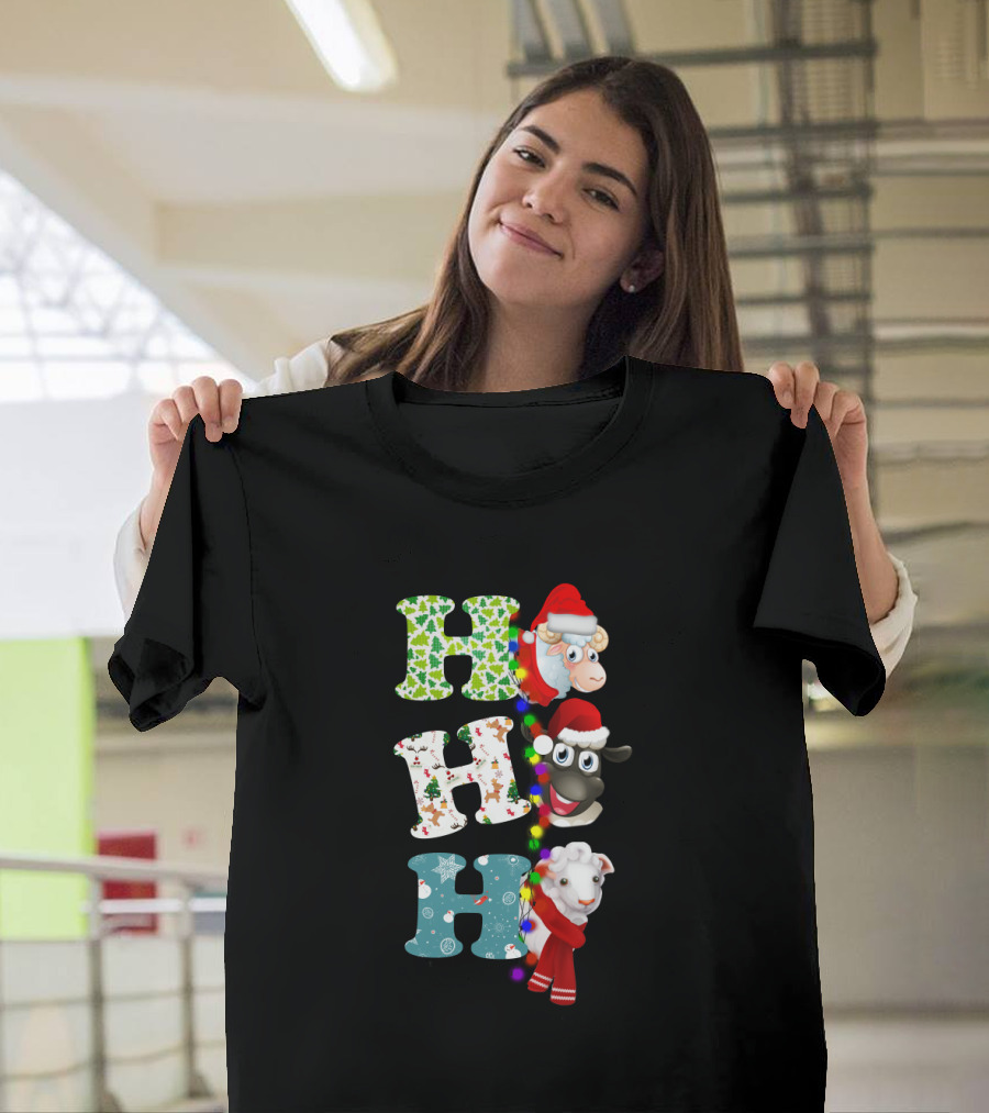 Hohoho Sheep Christmas Santa Lights And Festive Hats T-Shirt