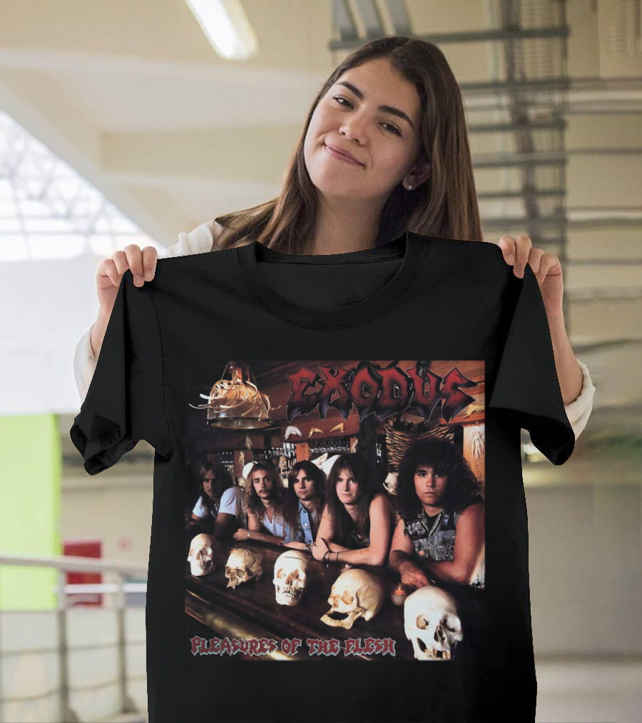 Exodus Pleasures of the Flesh Album Cover with Band Members and Skulls T-Shirt