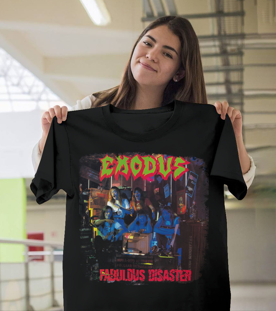 Exodus Fabulous Disaster Album Cover Art with Band Group Scene T-Shirt