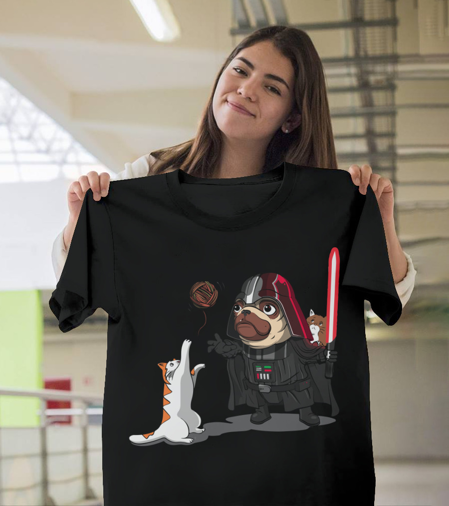Pug Vader With Lightsaber And Cats Playing With Yarn Star Wars T-Shirt