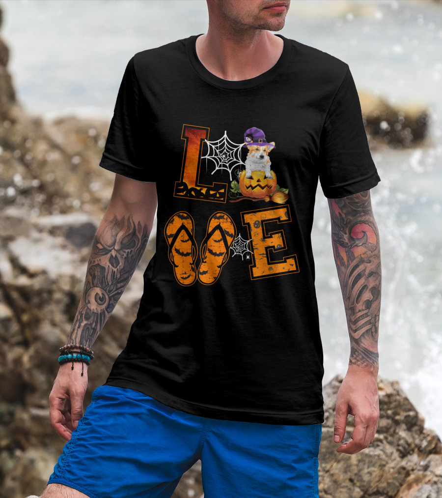 LOVE Corgi Pumpkin Witch Hat Halloween Spiderweb Flip Flops T-Shirt