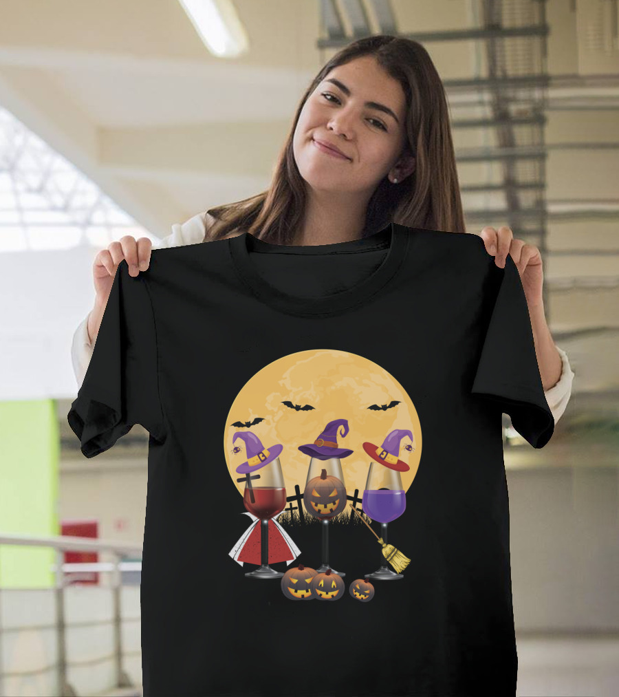 Witchy Halloween Wine Glasses With Jack-O'-Lantern And Moon T-Shirt