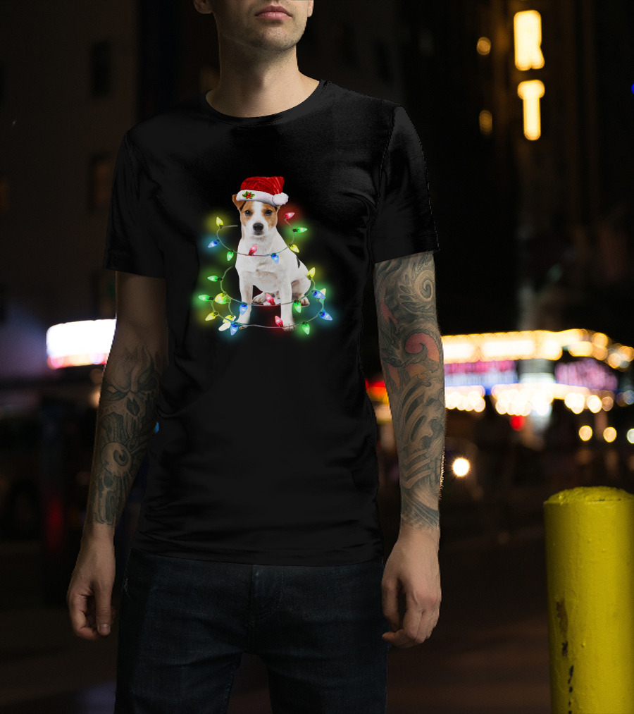Jack Russell Terrier Holiday Lights Festive Santa Hat T-Shirt
