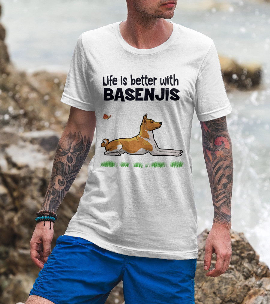 Life Is Better With Basenjis Dog 70s Retro Style Laying On Grass With Butterfly T-Shirt