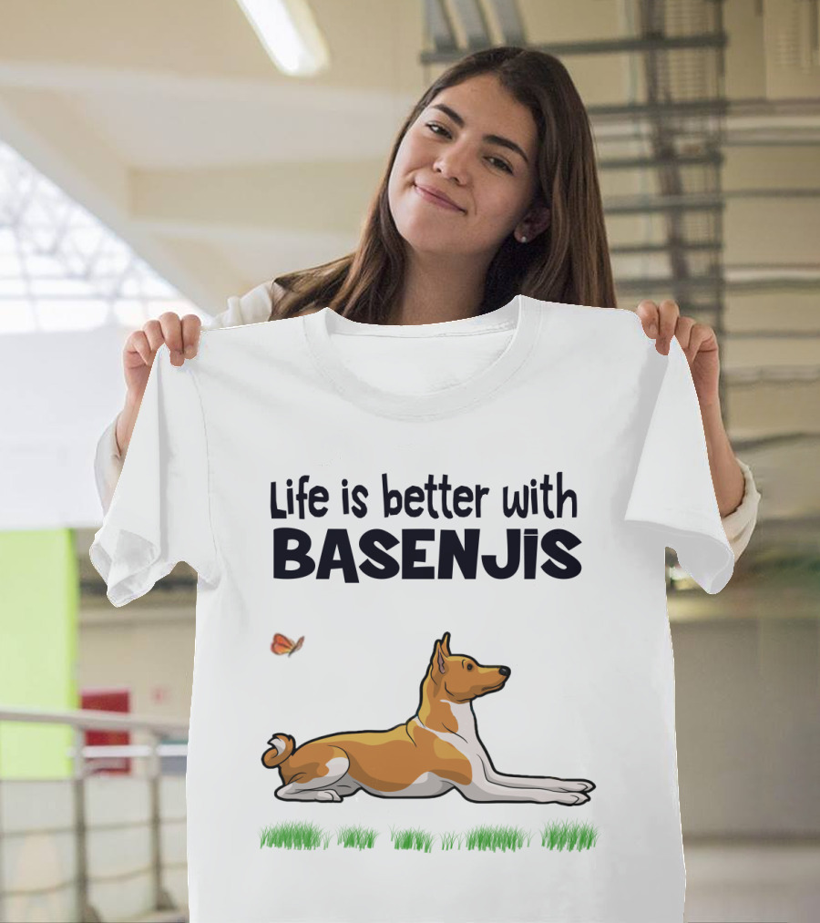 Life is Better with Basenjis Dog 70s Retro Style Laying on Grass with Butterfly T-Shirt