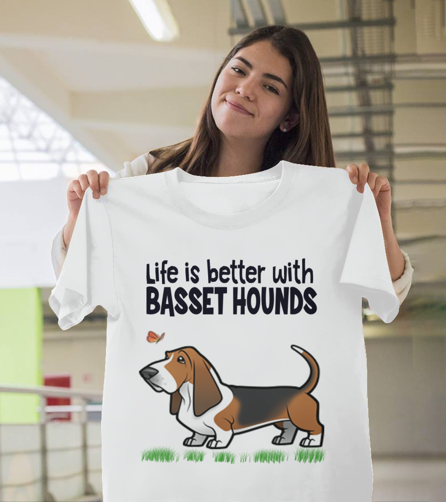 Life is Better with Basset Hounds Butterfly and Dog Graphics on Grass T-Shirt