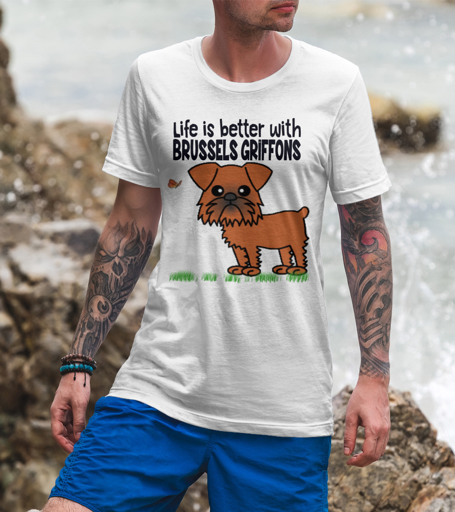 Life Is Better With Brussels Griffons Cartoon Dog And Butterfly T-Shirt